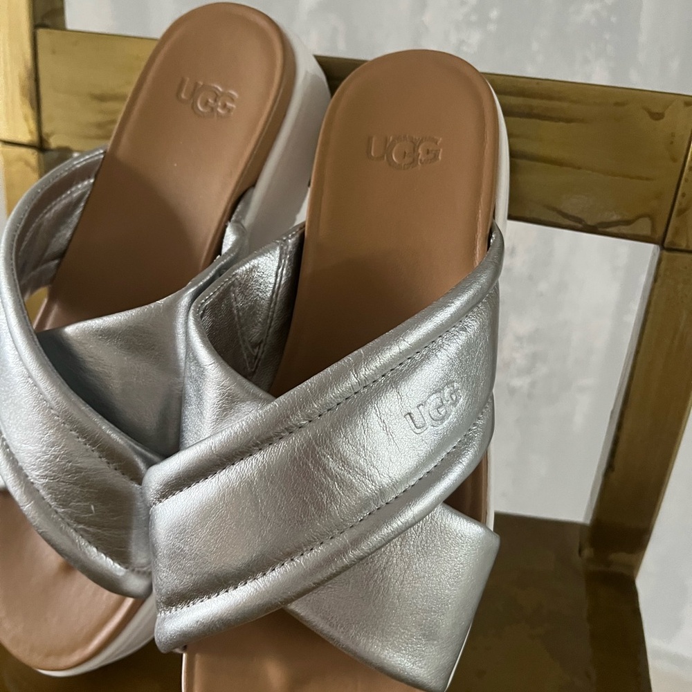 UGG Silver Metallic Sandals with Quilted Straps